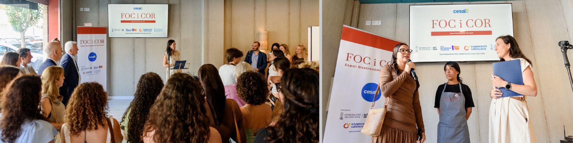 Loreto Ayuso, delegada de Cesal en la C. Valenciana, durante su discurso y conversando con una alumna y una participante en los programas de Cesal en Catarroja.